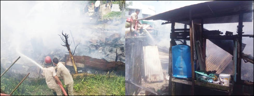 Fire Personnel seen fighting fires at (Left) Kumlong Ward, Mokokchung & (Right) 4th mile Diphupar ‘A’, Dimapur on June 21.